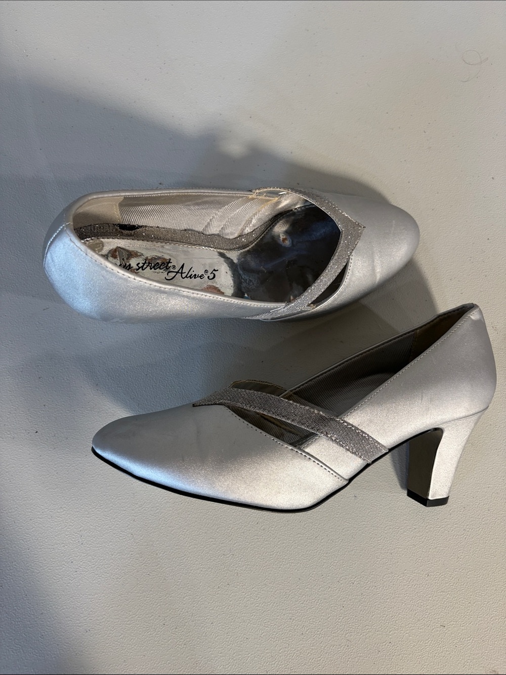 Carlos Santana Silver Satin Cross-Strap Mid Heels